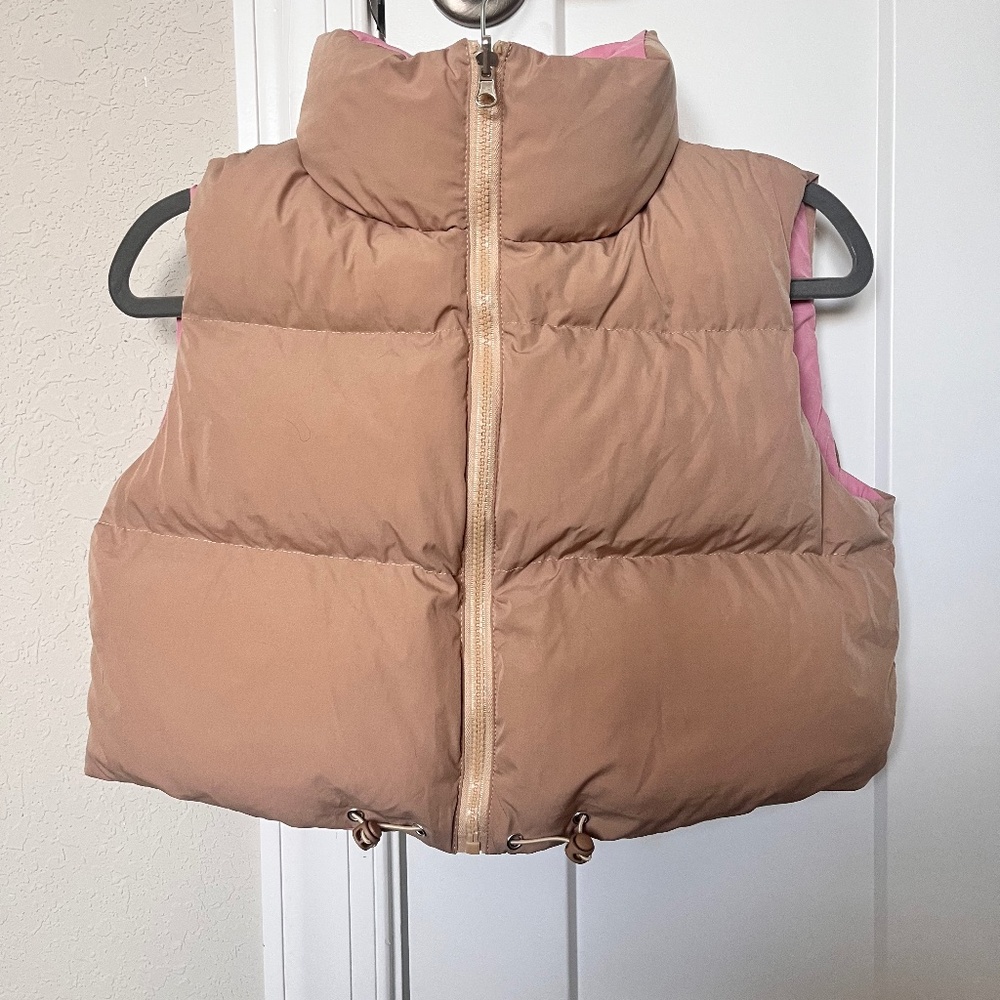 tan cropped puffer vest